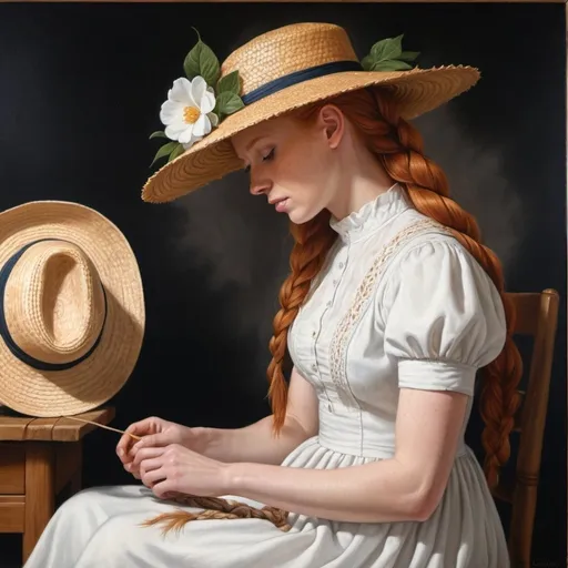 Prompt: a painting of a weaving a straw hat, the woman as  long ginger hair ginger in a French braid with a white hat dress in a  cotton flower print Empire Dress with a high neck line, Alson S. Clark, academic art, extremely detailed oil painting, a hyperrealistic painting