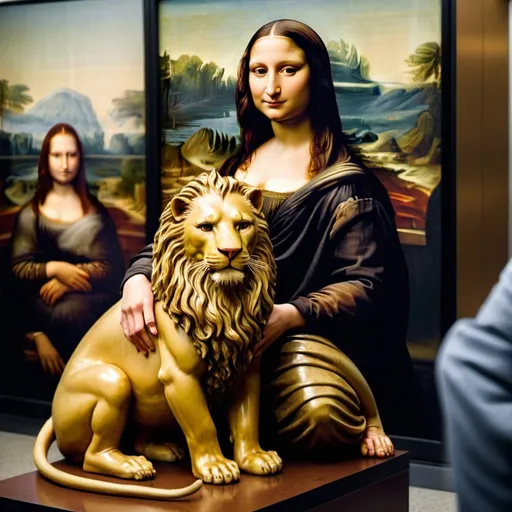 Prompt: Mona Lisa  riding a  lion in  an airport