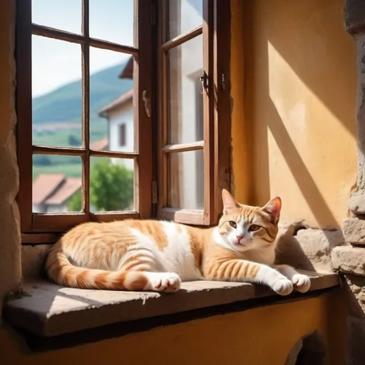 Prompt: Create an image  from inside of a home of a [cat] lying comfortably on a ledge inside of a  [wide open window].  in a [picturesque small village].
