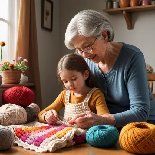 Prompt: "A heartwarming scene where a grandmother is teaching her granddaughter how to crochet. The setting is cozy and filled with warmth, showcasing the bond and joy of passing down skills through generations."

