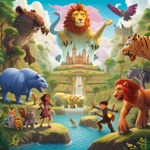 Prompt: "Create an illustration capturing the epic journey of six unlikely heroes on a quest to save a princess from the clutches of a tyrannosaurus. Let your imagination roam as you depict the lion, bull, tiger, rhinoceros, hippopotamus, and unicorn traversing treacherous landscapes, facing off against the fearsome beast, and ultimately uniting with the princess to overcome adversity. Show the bonds of friendship, the thrill of adventure, and the triumph of courage in your artwork. Feel free to add your own unique twists and details to bring this fantastical tale to life!"<mymodel>
