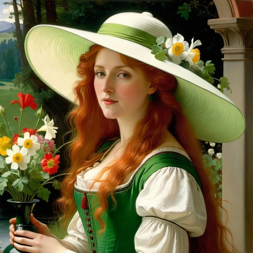 Prompt: a painting of a woman with long red hair wearing a green dress and a white hat with flowers in a vase, Albert Bierstadt, pre-raphaelitism, pre - raphaelite, a fine art painting