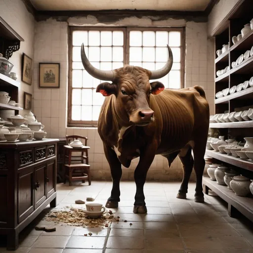 Prompt: A bull in a china shop breaking the china
