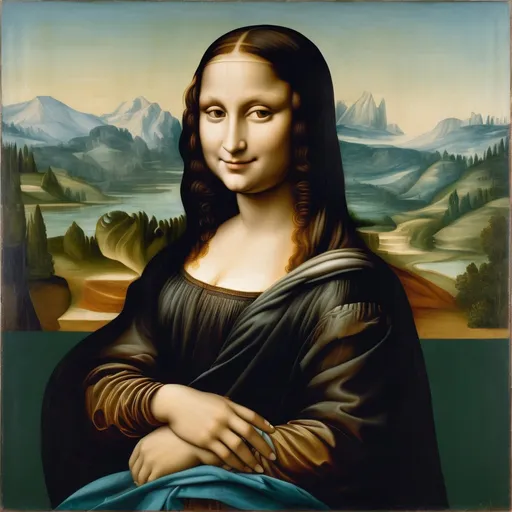 Prompt: a painting of a Mona Lisa with a  almost transparent  black veil over long hair and a smile on her face, with a green background and a blue sky, Fra Bartolomeo, academic art, da vinci, a painting