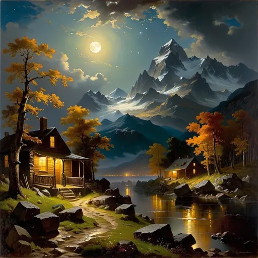 Prompt: "It was a still, calm night, and the moon had sunk behind the dark summits of the mountains, leaving only a dim and uncertain light."

Washington Irving, The Legend of Sleepy Hollow (1820)

Andreas Achenbach, american scene painting, thomas kindkade, an oil painting
