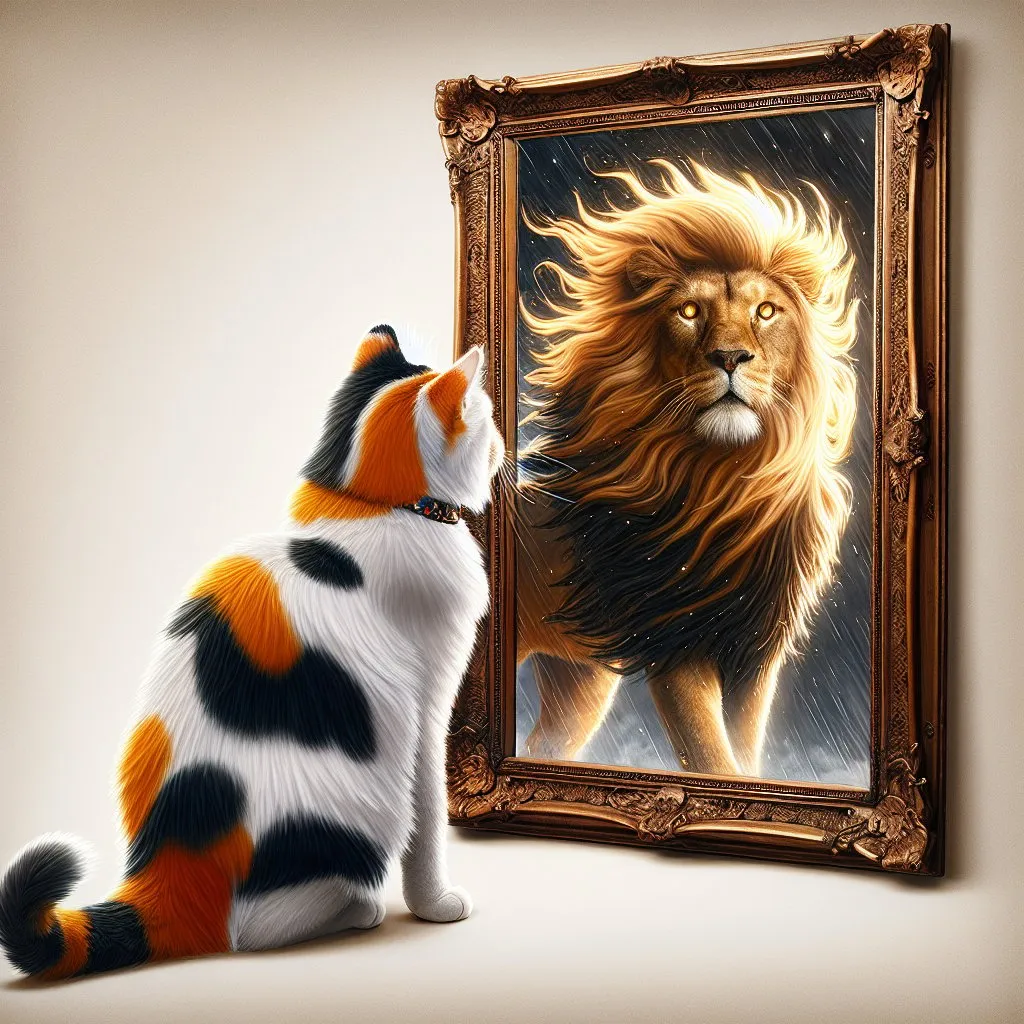 Prompt:  a calico house cat  looking at himself in the  mirror and seeing  a reflection of a lion in the mirror .