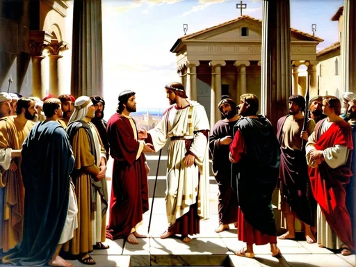 Prompt: Ecce homo! Antonio Ciseri's 1871 depiction of Pontius Pilate presenting Jesus to the public

a painting of a group of people standing around a building with columns and a statue of a man in a white robe, Carl Heinrich Bloch, classical realism, classical painting, a painting