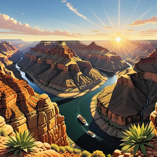 Prompt: Grand Canyon at sunrise, 
wide angle view, 
full depth of field, 
beautiful, 
high resolution, 
realistic,
detailed foliage, 
serene atmosphere, 
golden hour lighting, 
majestic Colorado River, 
exquisite rock formations, 
natural beauty, 
landscape painting,
professional quality, 
sunrise, 
Canyon walls, 
majestic  Colorado River, 
realistic, 
detailed foliage, 
serene atmosphere,
wide angle view,
full depth of field, 
beautiful, 
high resolution, 
golden hour lighting, 
exquisite rock formations, 
natural beauty