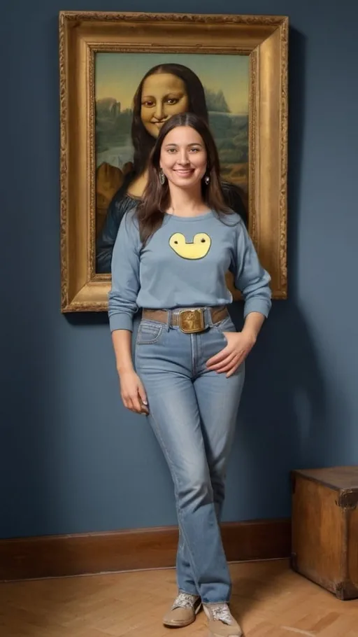 Prompt: a full-length portrait painting,
Mona Lisa,
standing a wood floor
a smile on her face, 
gold-earrings-with-a-smiley-face- ON-them,  
smiley-face-T-shirt, 
long blue jean,
1970s oil painting,

