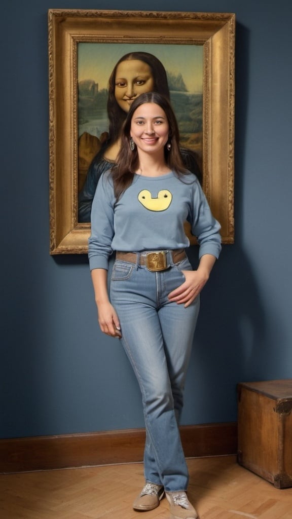 Prompt: a full-length portrait painting,
Mona Lisa,
standing a wood floor
a smile on her face, 
gold-earrings-with-a-smiley-face- ON-them,  
smiley-face-T-shirt, 
long blue jean,
1970s oil painting,

