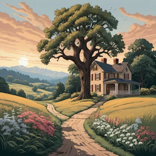 Prompt: A linocut,  Depict a charming, rustic home situated on a gentle hill. The house is a quaint, two-story structure with a welcoming front porch and smoke curling up from the chimney, suggesting warmth and coziness within. In the foreground, wildflowers and tall grasses sway in the breeze, creating a picturesque and serene environment. A large, ancient oak tree with gnarled branches stands nearby, its roots partially exposed and its leaves casting dappled shadows on the ground. A dirt path winds its way up the hill, leading to the front door, lined with blooming flowers and neatly trimmed bushes. The midground features rolling hills and a meandering stream, reflecting the sky’s colors and adding to the idyllic landscape. In the background, majestic mountains rise up, their peaks touching the sky and adding a sense of grandeur and depth to the scene. The sky is painted in soft hues of dawn, with the first light of daybreak casting a golden glow over the entire landscape. The atmosphere captures the tranquility and beauty of rural life, emphasizing the harmony between the home and its natural surroundings. Birds can be seen in flight, and a small garden next to the house suggests self-sufficiency and a close connection to nature.