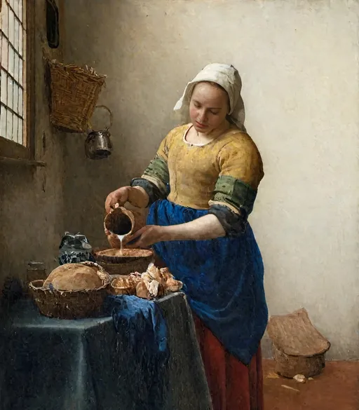 Prompt: The painting depicts a robust young woman in a humble kitchen, engrossed in the simple yet profound act of pouring milk.

The scene is bathed in soft, natural light filtering through a window, casting gentle shadows and highlighting the textures and details with stunning precision. The artist’s brushwork captures the delicate interplay of light and shadow, creating a serene, almost meditative atmosphere. The milkmaid herself is a picture of quiet dignity and concentration, her face reflecting a sense of calm and purpose. Her clothing, rendered in rich, warm hues, contrasts beautifully with the cool, muted tones of the background, drawing the viewer’s eye to her graceful figure.

The kitchen is modestly furnished, with rustic elements that suggest the simplicity and austerity of everyday life in 17th century Holland. A sturdy wooden table, on which sits a ceramic jug and a loaf of bread, anchors the composition. The artist’s meticulous attention to detail is evident in the intricate patterns of the bread’s crust and the subtle variations in the texture of the milk being poured. Every element in the painting, from the worn tiles on the floor to the faint cracks in the plastered walls, is rendered with exquisite realism.

This painting, though created by an unknown hand, evokes a deep sense of tranquility and reverence for the mundane. It speaks to the timeless beauty found in ordinary moments and the profound dignity of daily labor. It’s a masterful testament to the artist’s skill in capturing the essence of a simple, yet deeply meaningful, human experience. In this universe, this piece stands as a celebrated masterpiece, an enduring symbol of the grace and beauty that lies within the everyday.