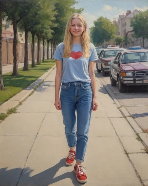 Prompt: a full-length portrait painting, 
27 year-old woman, 
cover with dark freckle,
blue eyes, long blonde hair, 
red lipstick, a smile on her face,
standing on a sidewalk, 
smiley-face  t-shirt, 
long blue jean,
blue tennis shoes,
academic art, renaissance oil painting
