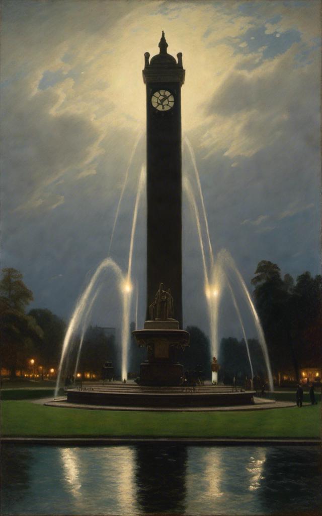 Prompt: a large fountain of water with lights on it's sides at night time in a park area with a clock tower in the background, kinetic art, volumetric lights, an abstract sculpture <mymodel>