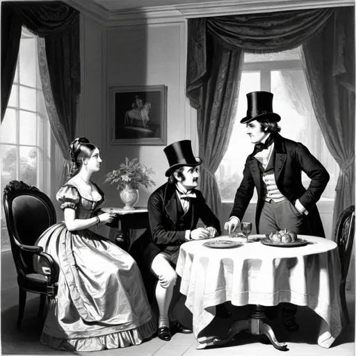 Prompt: a man and woman sitting at a table with a man in a top hat and a woman in a dress, Daniel Maclise, german romanticism, set in 1860, a mid-nineteenth century engraving