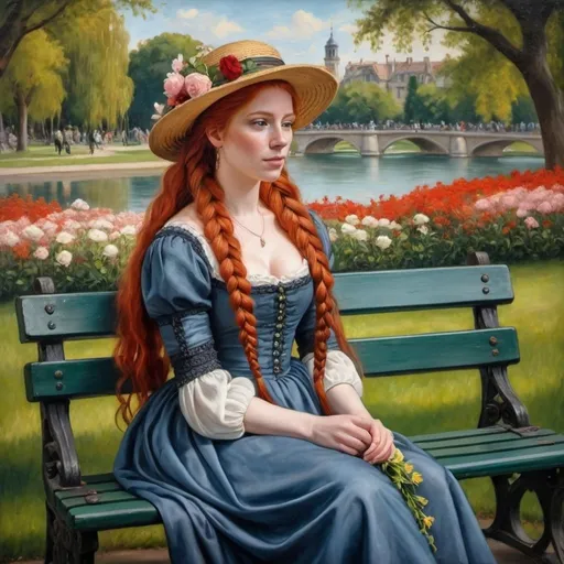 Prompt: Painting of a woman with long red hair in French braid sitting on a bench in a park wearing a hat and dress with flowers, renaissance oil painting, a painting