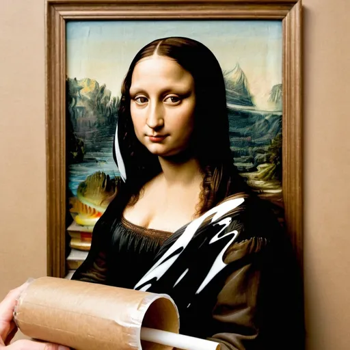 Prompt: Mona Lisa drinking from "an open glass bottle that is wrap in a brown paper."