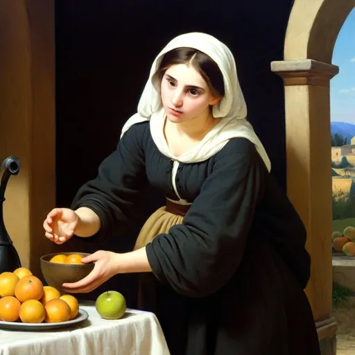 Prompt: Create a professional oil painting in the styles of Carl Heinrich Bloch, the American Barbizon School, William-Adolphe Bouguereau, and Flemish Baroque art. Depict a young woman in a serene, rustic setting, engaged in a domestic task, wearing a traditional 19th-century dress.

Subject: A young woman in a rural setting, arranging a bowl of oranges and apples on a wooden table covered with a white cloth.

Dress Description:

Overlay: Black dress with a fitted bodice.
Undershirt: White, with large, puffed sleeves gathered at the wrists, visible at the neckline and cuffs.
Skirt: Part of the black dress, long and full.
Details: Green accent fabric visible under the black sleeves. White headscarf tied loosely, covering her hair.
Composition: Position the woman centrally, leaning over the table, hands gently touching the fruit. Her expression should be serene and focused.

Background: Rustic interior with an arched doorway opening to a lush green landscape, including rolling hills, distant trees, and a bright blue sky with soft white clouds.

Lighting: Use chiaroscuro with light coming from the right, illuminating her face and hands, casting soft shadows on the table and fruit. The background should have gentle, natural light contrasting with the darker interior.

Detail and Realism: Emphasize textures and details of the dress, fruit, and setting. Ensure the fabric looks realistic with visible folds. The fruit should appear fresh and vibrant.

Color Palette: Rich, deep tones. The black dress contrasts with the white undershirt and headscarf. The fruit should be vibrant oranges and apples. The background should have earthy tones and lush greens.

Atmosphere: Calm and reflective, capturing a timeless moment of simplicity and beauty in rural life.

This rephrased prompt should help the AI tool to clearly understand the specifics of the dress and scene, ensuring accurate representation.