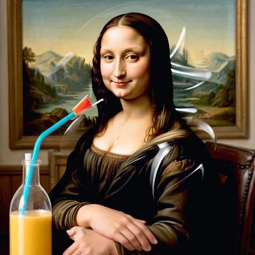 Prompt: Mona Lisa smiling while she is drinking   through a straw stuck in an open glass bottle.