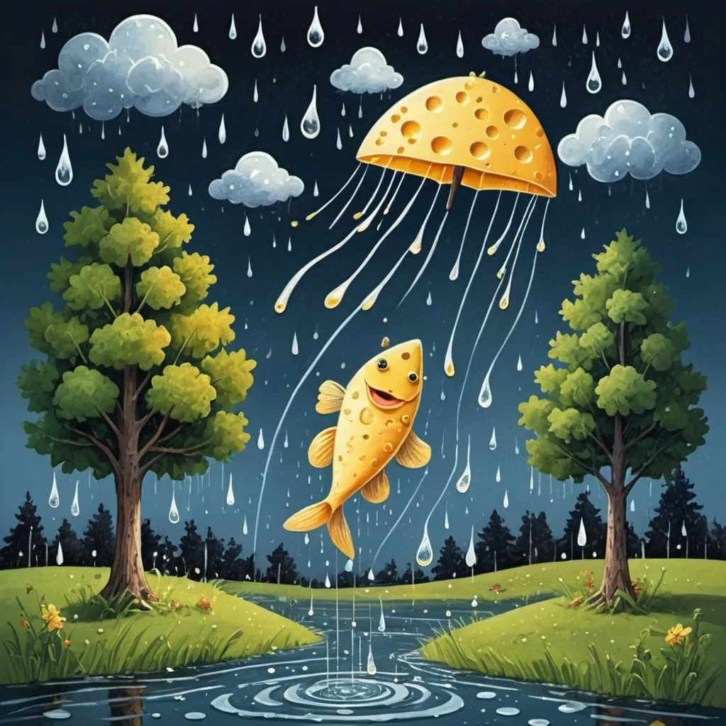 Prompt: Raindrops dance on sun,
Fish fly through the midnight sky,
Trees sing tales of cheese