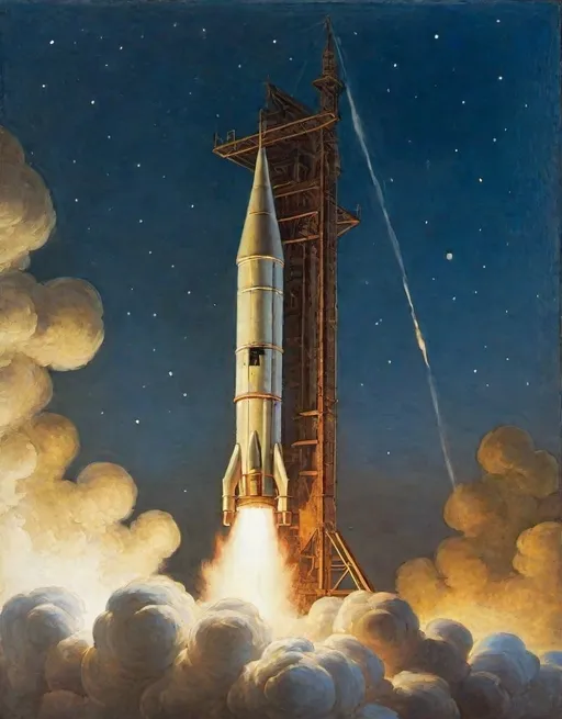 Prompt: an oil painting of a rocket is being launched on a clear night with fire andsmoke billowing out of it's back end,
Giotto ,
academic art, 
art noveau, 
moon lighting,
rembrandt lighting, 
a painting
