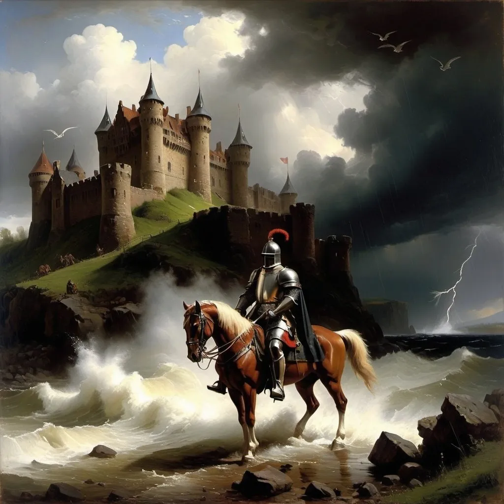 Prompt: It was a a dark and stormy night, The noble knight  his helmet crested with a plume of white feathers  rode forth to battle with a spirit that nothing could daunt, the Castle was a vast and majestic pile standing on an eminence and commanding the whole of the country around, The storm increased the thunder rolled and the rain continued to beat with unabated fury, Andreas Achenbach, american scene painting, Albert Bierstadt, an oil painting