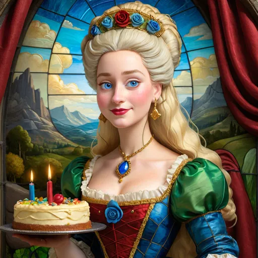 Prompt: a half-length Stained Glass Portrait   of Marie Antoinette cover with dark freckle blue eyes  long blonde hair red lipstick  on a smile on her face, "gold earrings"  renaissance dress eating cake with a green background and a blue sky, Fra Bartolomeo, academic art, renaissance Stained Glass Portrait , in the style of  Mona Lisa