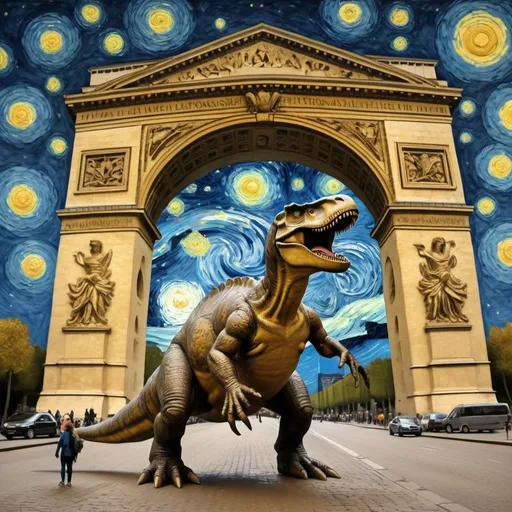 Prompt: Mona Lisa riding a  tyrannosaurus  through the Arc de Triomphe in the style of "The Starry Night" by Vincent van Gogh
