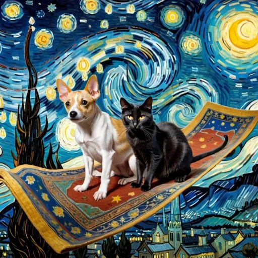 Prompt: A dog,  a cat, and a mouse, flying on a "magic carpet" in "The Starry Night" by Vincent van Gogh