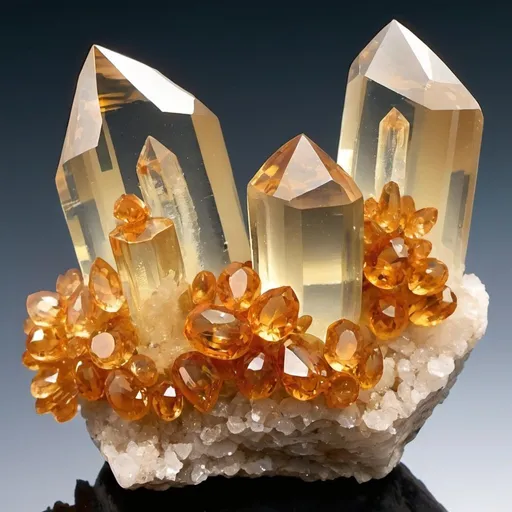 Prompt: Champagne-colored topaz crystals on quartz