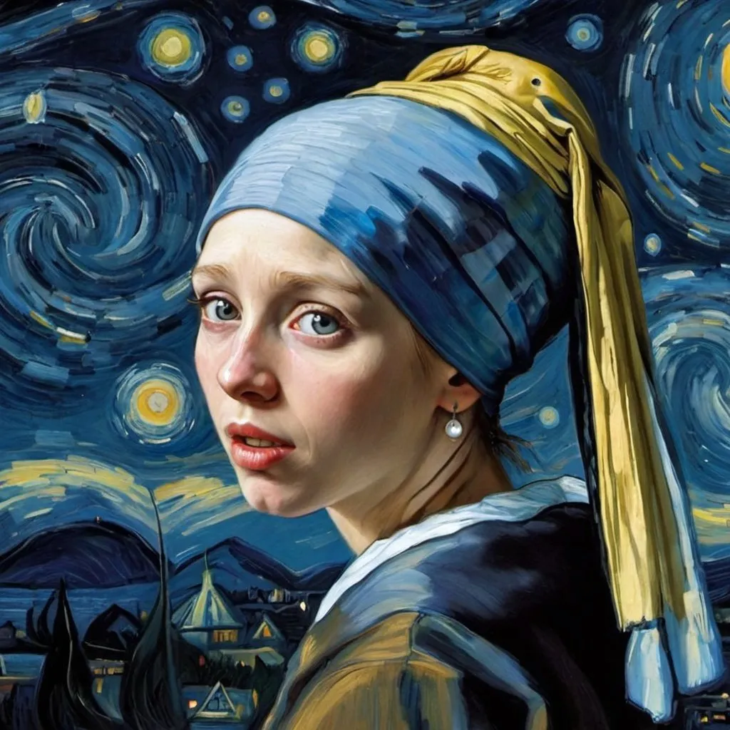 Prompt:  "the girl with the pearl earring" catching a "falling star" in "The Starry Night" by Vincent van Gogh