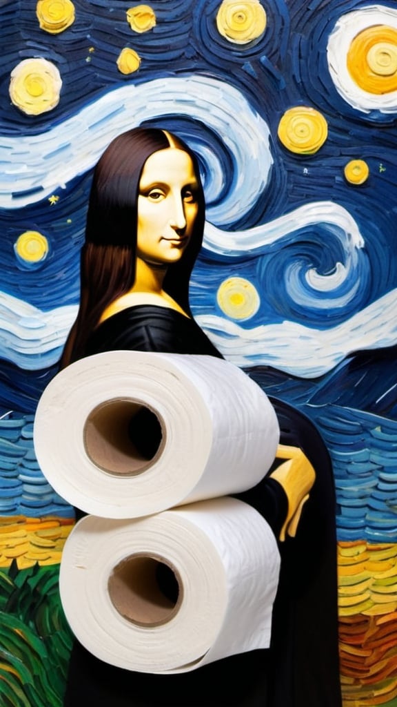 Prompt: Mona Lisa,  rolling a house with toilet paper  in the style of "The Starry Night" by Vincent van Gogh