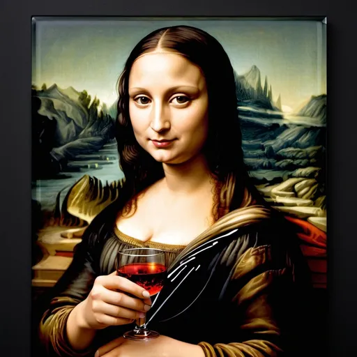 Prompt: Mona Lisa holding glass of  hot volcanic lava   at night 