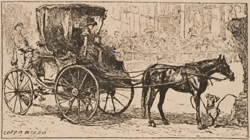 Prompt: <mymodel>a drawing of a horse drawn carriage with people on it and a man standing next to it, and a dog sitting on the ground, Coppo di Marcovaldo, les automatistes, promotional image, a storybook illustration