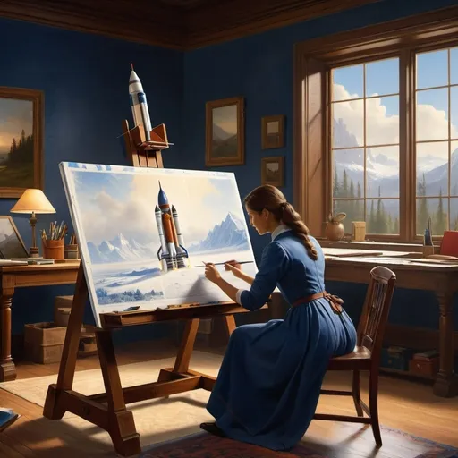 Prompt: painting of a woman drawing a blueprint as she is working as  an Aerospace Engineer designing a rocket in an office , 
Albert Bierstadt, a realistic painting, UHD, 64K