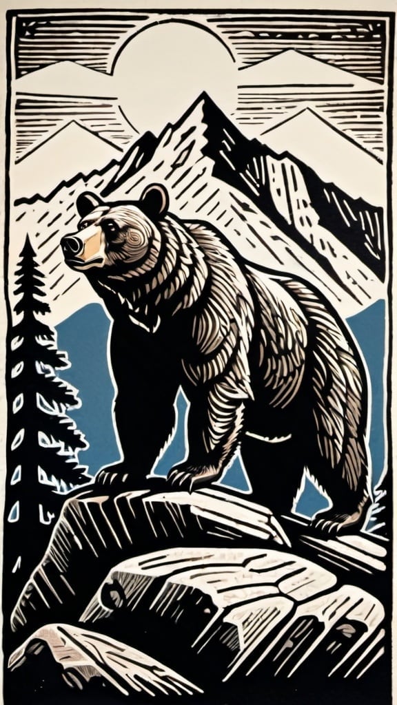 Prompt: A linocut of a proud and majestic bear  is standing on a rock in the wilderness with mountains and trees in the background, neo-primitivism, detailed illustration, a woodcut

