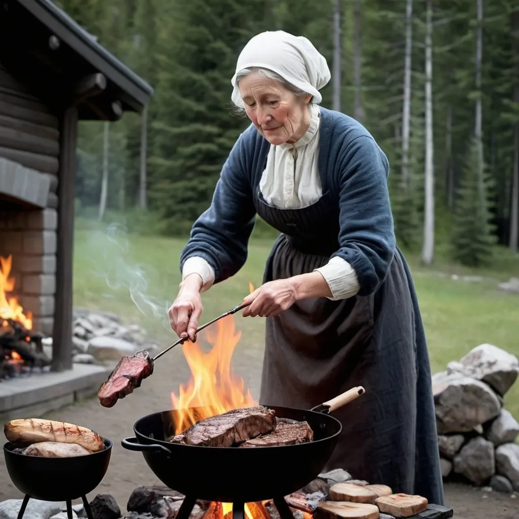 Prompt: whistler mother  grilling a steak over fire