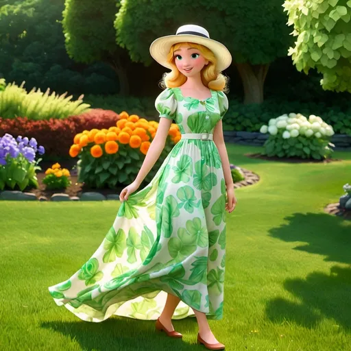 Prompt: a 21-year-old woman in  a  long flower print  Empire Dress with a high neck line and white hat,  standing on the green grass, a beautiful expressive face, curly blond hair,  full-length,  feet, in an amazingly beautiful garden,  exactly beautiful photo  , highly photo, full-length photo,  1970s oil painting