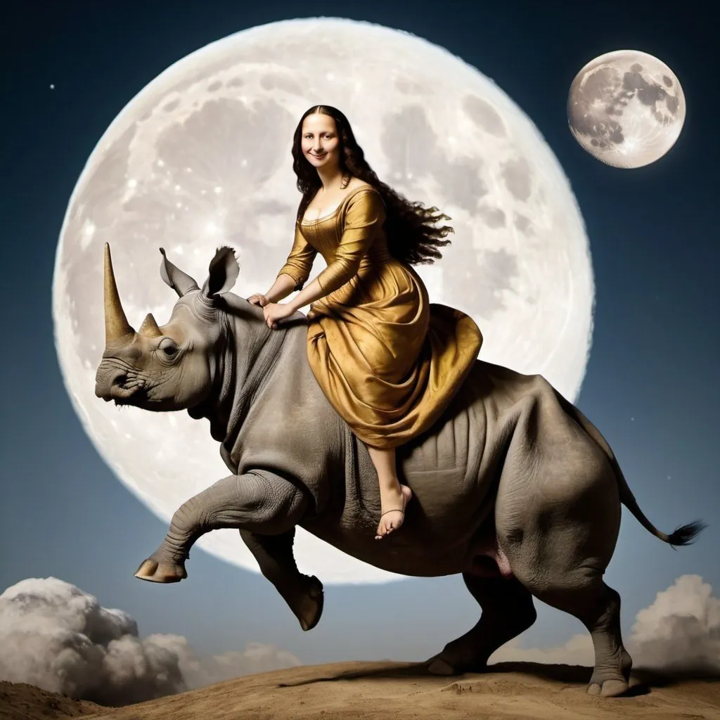 Prompt: Mona Lisa riding a Rhinoceros that is jumping over the Moon.