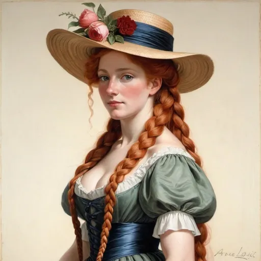 Prompt: a panting of a woman facing us  with long red hair in French braid wearing a hat and dress with flowers,  full body portrait,  Portrait by Anne-Louis Girodet