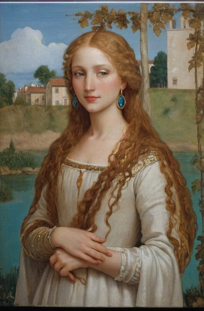 Prompt: a half-length portrait painting  of Helen of Troy cover with dark freckle blue eyes  long blonde hair red lipstick  on a smile on her face, "gold earrings"  renaissance dress with a green background and a blue sky, Fra Bartolomeo, academic art, renaissance oil painting, a painting in the style of  Mona Lisa