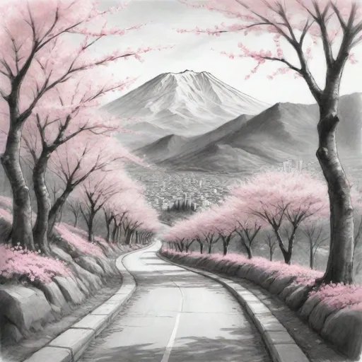 Prompt:  A very rough black and white pencil sketch of a road in a lovely cherry blossom forest  with a mountain in the background and pink flowers on the trees lining the path and a city in the distance, 