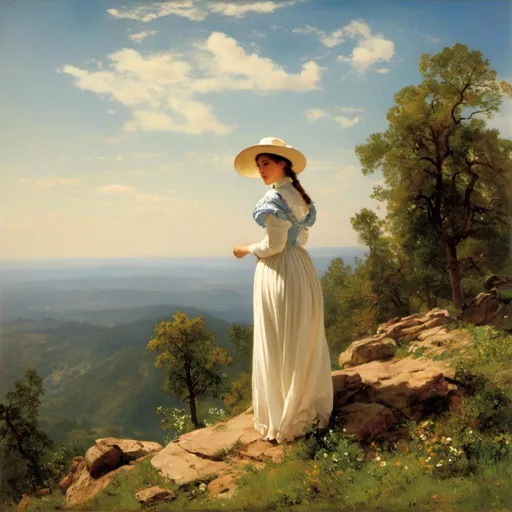 Prompt: a ((a 21-year-old woman in a long flower print Empire Dress with a high neck line and white hat)) standing on top of a mountain with a blue sky in the background, Ella Guru, symbolism, giantess art, an album cover <mymodel> 