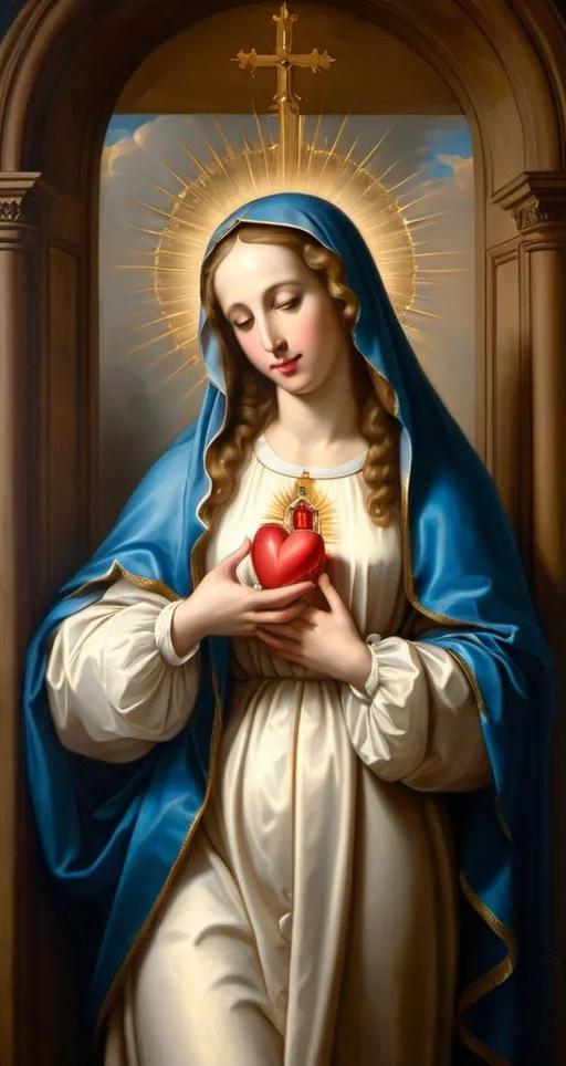 Prompt: a painting of the Virgin Mary alone  standing in the doorway holding  her immaculate heart  , Anne Said, gothic art, renaissance oil painting, a flemish Baroque