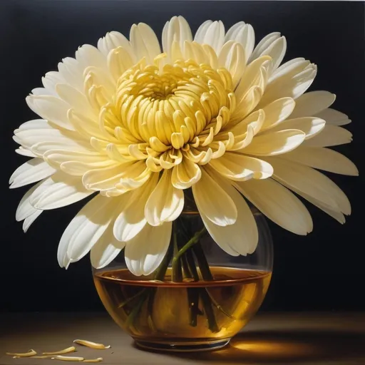 Prompt: Create a UHD, 64K, professional oil painting in the style of Carl Heinrich Bloch, blending elements of realism, Chrysanthemum,