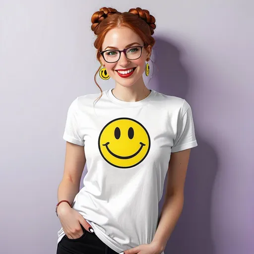 Prompt:  25-year-old woman, green eyes. cover with dark freckle. long ginger hair ginger in a French braid. wearing lipstick red. broad rimmed eyeglasses purple

 the woman is wearing  earrings.

the earrings has a yellow smiley face with two eyes and a smile on it's face, with a black outline, Dave Gibbons, naive art, smile, a digital rendering

the is  woman wearing a white t-shirt. 

the  t-shirt has a yellow smiley face with two eyes and a smile on it's face, with a black outline, Dave Gibbons, naive art, smile, a digital rendering
