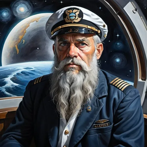 Prompt: Create a UHD, 64K professional oil painting The Mariner, with his long grey beard and glittering eyes, sat quietly in the observation deck, gazing out into the infinite cosmos. His eyes held a depth of knowledge and sorrow that spoke of many untold stories. It was here that he encountered a young space traveler,