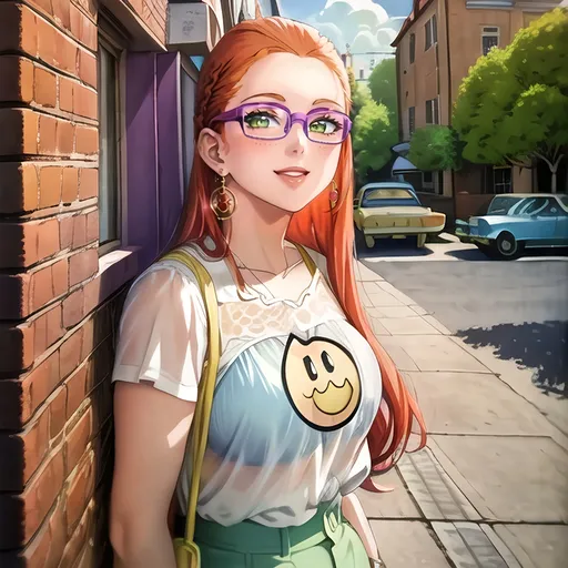 Prompt: a woman, with earrings 1970s  smiley face yellow, green eyes. cover with dark freckle. long ginger hair ginger in a French braid. wearing lipstick red. broad rimmed eyeglasses purple .  standing next to a brick wall with a smiley face on it's shirt, Elinor Proby Adams, maximalism, summer vibrancy, 1970s oil painting.