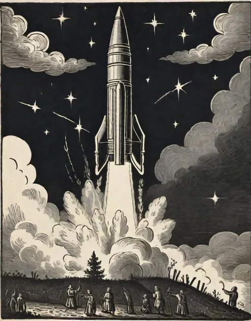 Prompt: a  black and white 11th century wood cut print of a rocket is being launched on a clear night with fire and smoke billowing out of it's back end,
11th century wood cut print


