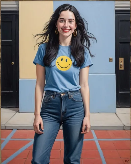Prompt: a full-length portrait painting,
 27 year-old woman, 
cover with dark freckle,
 blue eyes, 
long black hair, 
red lipstick, 
a smile on her face, 
gold-earrings,
standing on sidewalk chart art, 
smiley-face  t-shirt, 
long blue jean,
blue tennis shoes,
academic art, renaissance oil painting
